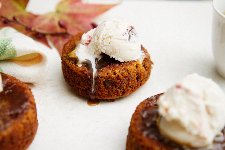 Warm whiskey sauce with cherry date cake.