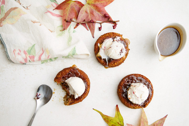 Warm whiskey sauce with cherry date cake.