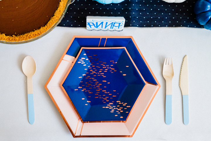 Blue place setting for Thanksgiving 